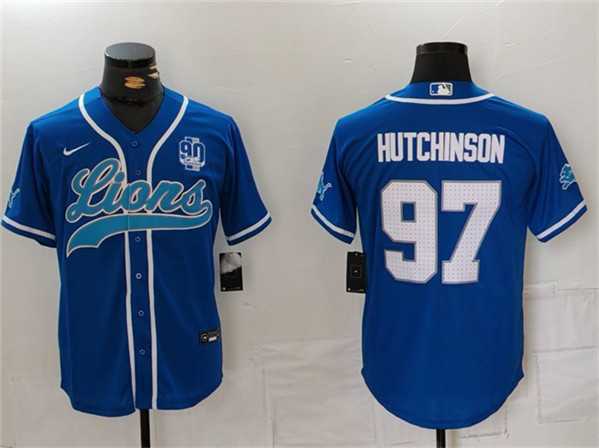 Men%27s Detroit Lions #97 Aidan Hutchinson Blue With 90th Anniversary Patch Cool Base Stitched Baseball Jersey->detroit lions->NFL Jersey